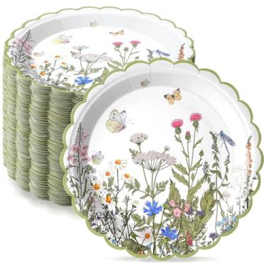 Imagem de Havawish 100 peças de pratos de festa retrô de flores silvestres, decoração de aniversário, pratos de papel descartáveis, despedida de solteira, conjunto de utensílios de mesa para jantar com tema de