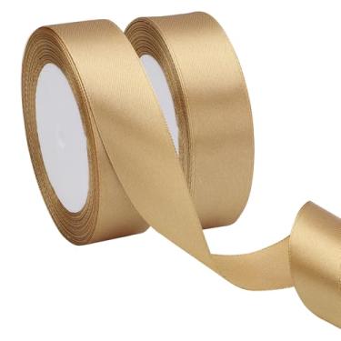 Imagem de EUSOAR Fita de cetim dourada, 2 rolos de fita de tecido de 2,5 cm x 50 m, fitas de seda sólida para artesanato, embrulho de presente, buquê de flores, convites de casamento feitos à mão, decoração de