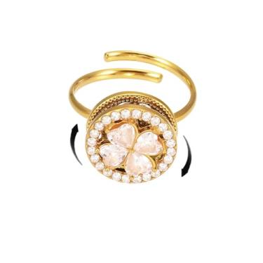 Imagem de Dtja Anel feminino giratório com folha de trevo de zircônia cúbica redonda, dourado, ajustável, expansível, envoltório aberto, ansiedade, ajuste confortável, elegante, dia de São Patrício, aniversário