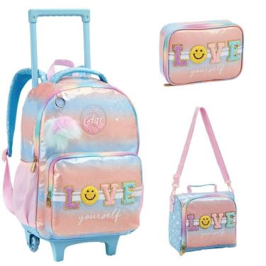 Imagem de Kit Mochila Rodinhas Menina Love YourSelf Lancheira Estojo Arco Íris Chaveiro Pom Pom Seanite-Masculino