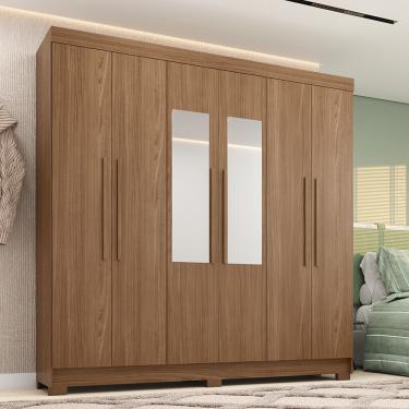 Imagem de Guarda Roupa Casal Horácio 6 Portas de Bater 2 Gavetas MDP com Espelho Jatoba Estilo MM