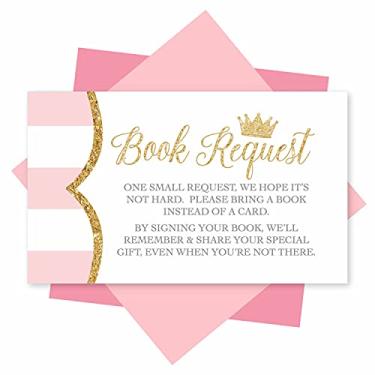 Imagem de 25 livros de princesas para bebês - cartão de inserção para convites de chá de bebê de ouro para meninas, convites de chá de bebê, castelo rosa no seu caminho - bonito traga um livro em vez de um tema de cartão para jogos de história de festa de gênero