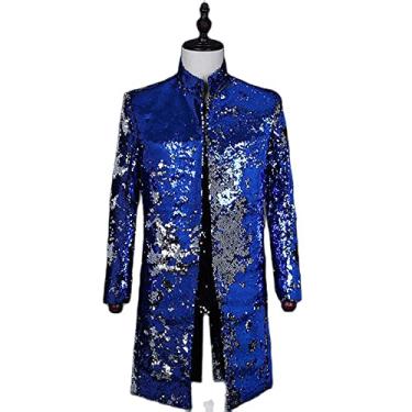 Imagem de Blazer longo masculino de lantejoulas slim fit festa terno de dança jaqueta gola alta casaco casamento noivo roupas jantar exterior leve, azul, G (busto: 100 cm)