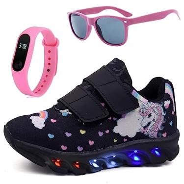Imagem de Tenis Infantil De Led Unicornio Calce Facil Meninas LIGHT + Oculos Relogio Cor:Preto;Tamanho:34