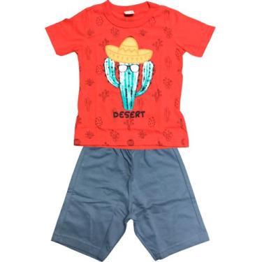 Imagem de Conjunto Infantil Brandili Camiseta e Bermuda - Em Meia Malha e Moletinho - Vermelho e Cinza