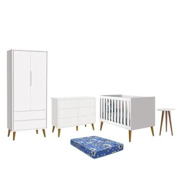 Imagem de Dormitório Theo 2 Portas, Cômoda 6 Gavetas, Berço, Mesa de Canto com Pés Amadeirado e Colchão - Reller Móveis