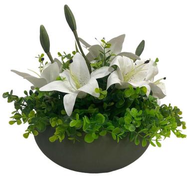 Imagem de Arranjo Grande Centro Mesa Lírio Branco Artificial Vaso Verde Musgo