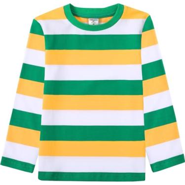 Imagem de COSLAND Camiseta listrada de manga comprida para meninos e crianças, algodão, camiseta de gola redonda infantil, 2T-Grande, Verde, laranja e branco, M
