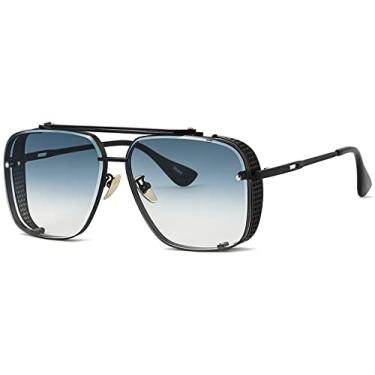 Imagem de Gtand Óculos de sol modernos grandes quadrados degradê aviador para homens vintage metal escudo lateral Steampunk óculos de sol 64 mm, Armação preta C7/lente azul gradiente, Large