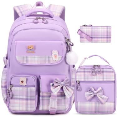 Imagem de ACESAK Mochila para meninas – 3 peças para meninas lindas mochilas escolares para meninas jardim de infância, Roxa, Large, Mochila para meninas
