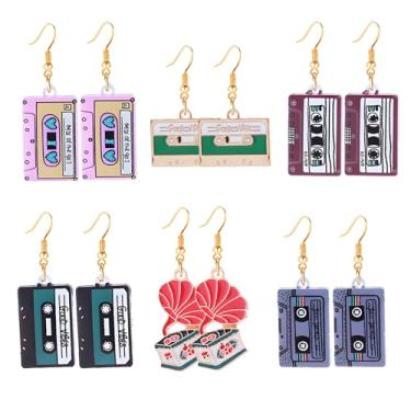 Imagem de Dreuyet 6 pares de brincos femininos coloridos dos anos 70, 80 e 90, pingente personalizado, liga esmaltada, televisão, ônibus, bicicleta, brincos engraçados, vintage, acessórios para festa nostálgica
