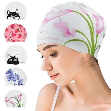 Imagem de SYLEMTAM Touca de natação feminina de cabelo longo, touca de natação antiderrapante de silicone impermeável, chapéu de banho fofo para cabelo curto médio longo (tamanho P - narciso)