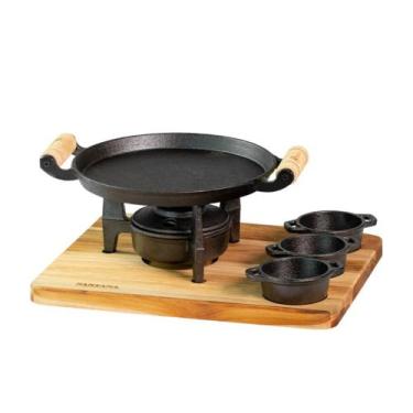 Imagem de Kit Chapa Bifeteira Com Fogareiro e Molheiras de Ferro Fundido Com Táb