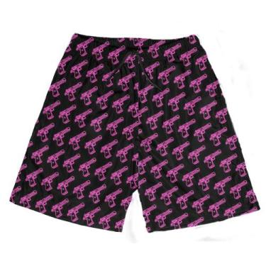Imagem de Short Praia Shorts Banho Bermuda Verão Gun Arma Cartoon Rosa Neon 335 
