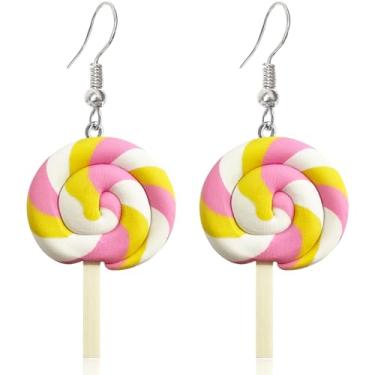 Imagem de Brincos de gota com pingente de gancho de Halloween fofo colorido colorido pirulito arco-íris leve para mulheres adolescentes meninas adoráveis doces comida açúcar charme pendurado hipoalergênico moda