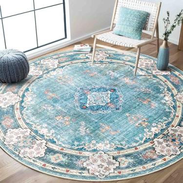 Imagem de MUJOO Tapete redondo azul-petróleo 1,8 m, tapetes circulares laváveis para quarto, sala de estar, banheiro, boho, grande, antiderrapante, tapete circular, floral
