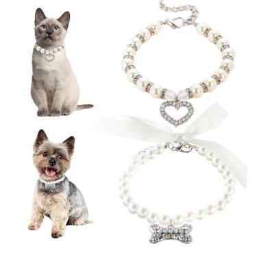 Imagem de Coleira de pérola pequena para cães, duas peças, colar de cachorrinho de pérola com strass e contas de cristal, joia de diamante bonita para PP, pequena, média, fêmea, meninas, gatinho, animal de