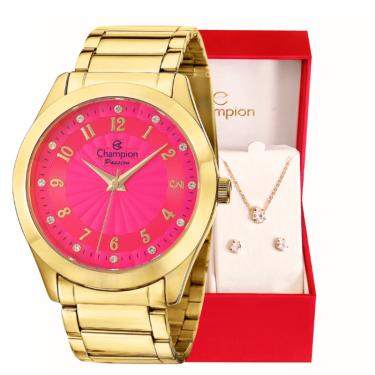 Imagem de Relógio Feminino Champion Analógico Dourado Rosa Prova D'agua CN29409J Colar e Brincos