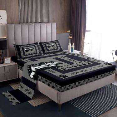 Imagem de Feelyou Jogo de cama rústico com urso, lua e urso, para crianças, meninos, meninas, com tema de caça de animais selvagens, cabana rústica, campo, 3 peças, solteiro, 1 lençol com elástico + 1 fronha +