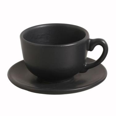 Imagem de Xícara Grande Com Pires Cerâmica Para Chá Café 240ml Cor Preto Matte 0