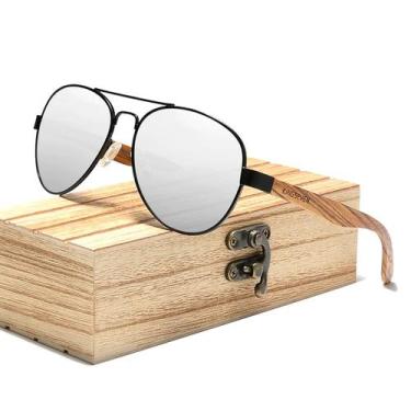 Imagem de Óculos de Sol Aviador Hastes de Madeira Polarizados Proteção Uv400    
