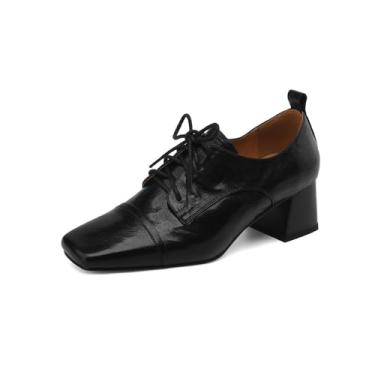 Imagem de TinaCus Tênis feminino feito à mão de couro legítimo vintage com cadarço Oxfords bico quadrado para escritório, Preto, 35