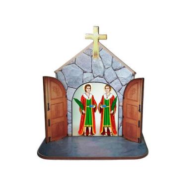Imagem de Mini Capela Oratório Display Enfeite de Mesa São Cosme e Damião 12cm M