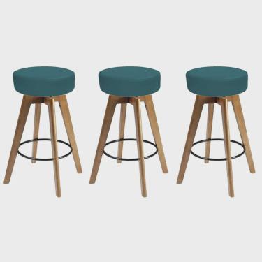 Imagem de Kit 03 Banqueta Alta Redonda Giratória Elsa Madeira Balcão Bistrô Cozinha Suede Azul Turquesa - Ahazzo Móveis