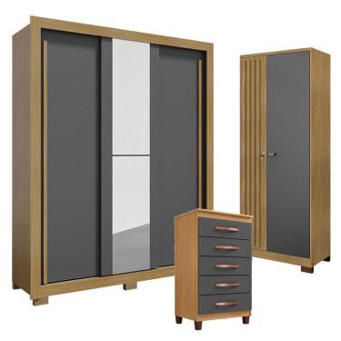 Imagem de Guarda Roupa Solteiro Nevoa Flex 3 Portas de Correr com Espelho com Cômoda Cannes 5 Gavetas e Armário Multiuso Versatile com Chave Carvalho Americano