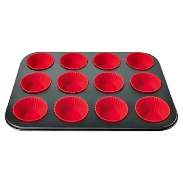 Imagem de Forma Assadeira Antiaderente Para 12 Cupcake Com Forminhas de Silicone