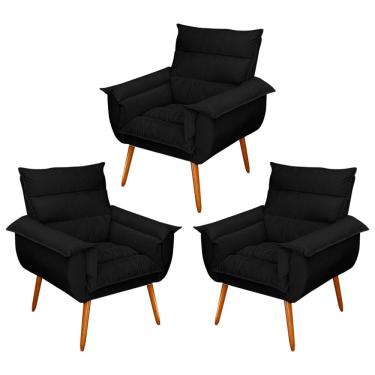 Imagem de Kit 03 Poltronas Decorativas Modernas Sala e Recepção Monza Pés Palito Suede Preto - Abmaza
