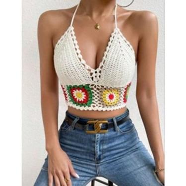 Imagem de Croped frente única de crochê floral com bojo