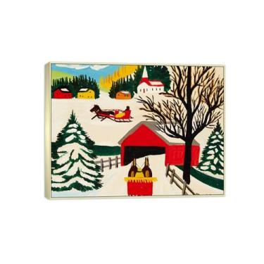 Imagem de Maud Lewis Famosa Pintura-Impressões em Tela Reprodução-Quadro Sala de Estar(Covered Bridge in Winter 3) 60x80cm-23x31in Moldura de Prata