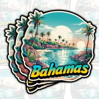 Imagem de (3 peças) Adesivo de pôr do sol na praia das Bahamas – Decalque de vinil de lembrança de viagem de férias tropicais à prova d'água para laptop, garrafa de água, bagagem, caderno, carro, álbum de