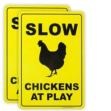 Imagem de Enjoyist 2 unidades Caution Slow Chickens at Play, placa de cruzamento de frango, placa refletiva de alumínio de 30,5 cm x 20,3 cm 0,10 cm, sem ferrugem, alumínio protegido contra UV e à prova de