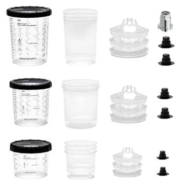 Imagem de InoKraft Copo descartável para pistola de pulverização de tinta, 3 tamanhos de 170 g, 623 g, 793 g, conjunto de pacotes variados, 3 forros e filtros de tampa de cada tamanho, 3 copos rígidos, sistema