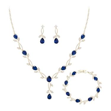 Imagem de Crysdue Conjunto de joias de casamento para noivas damas de honra, zircônias cúbicas deslumbrantes lágrimas marquise folha de marquise colar pingente de pingente de pulseira de tênis nupcial brincos