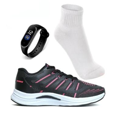 Imagem de Kit Tenis Feminino Academia Corrida Caminhada Leve Confortavel + Relogio Digital e Meia Esportiva (Preto, BR, Adulto, Numérico, 38)