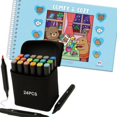 Imagem de KIT Livro Comfy Cozy Azul Capa Dura Colorir e 24 Canetas Touch Pontas 