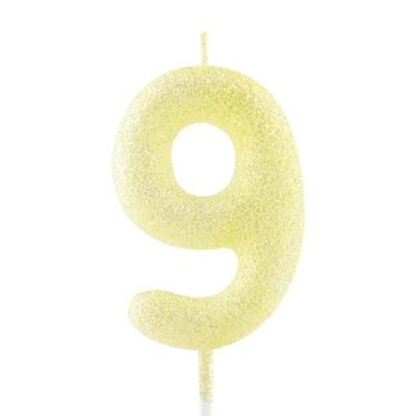 Imagem de Vela de 9º aniversário ouro amarelo glitter número 9 velas luminosas decoração topo de bolo vela feliz aniversário para meninas meninos mulheres aniversário celebrações suprimentos de festa