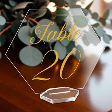 Imagem de OurWarm 20 peças de cartões de acrílico transparente para casamento, cartões hexagonais em branco, pratos de acompanhantes de acrílico de 3 mm com fonte dourada impressa para jantares, festas e placas