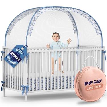 Imagem de Little Cozy Barraca de berço – Design de animal da selva com leão, macaco e crocodilo | Rede de berço pop-up para manter o bebê seguro dentro | Cobertura de malha respirável, zíper duplo, hastes