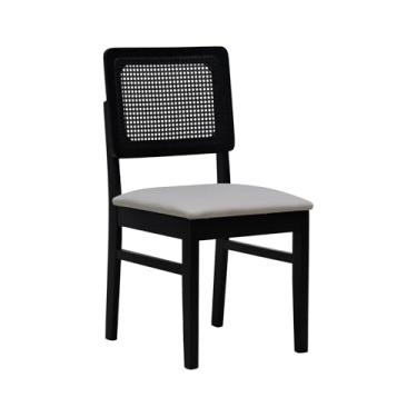 Imagem de Cadeira Lyon Madeira Maciça Encosto Telinha - Preto - Assento Estofado Linho Bege