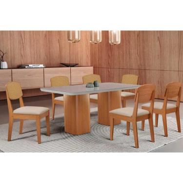 Imagem de Conjunto Sala de Jantar Maldivas c/ Tampo Madeirado c/ Vidro Canto Curvo 180x90cm e 6 Cadeiras Havana Premium Naturale/Off White - Suede Creme-Rufato