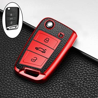 Imagem de CSHU TPU Couro Capa para Chave do Carro Capa Porta-Porta-Porta-Chaves Bolsa para Chave, Adequado para Volkswagen VW Golf 7 mk7 Assento Ibiza Leon FR 2 Altea Aztec Skoda Octavia A7, B, Vermelho