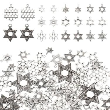 Imagem de Boutigem Pingentes tibetanos de estrela de Davi, 78 peças, prata antiga, pingente de seis estrelas, hexagrama mágico da sorte, pingentes de metal para brincos faça você mesmo, colar, chaveiro