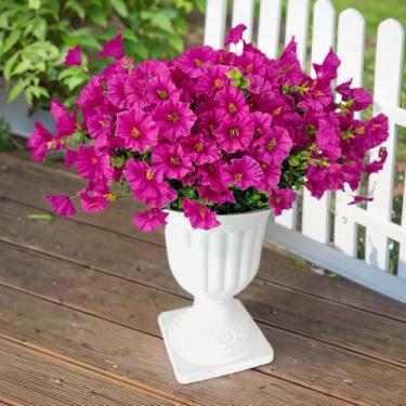 Imagem de Aisamco Flores de seda artificial para decoração ao ar livre, 12 pacotes de flores falsas, glória da manhã colorida com eucalipto, plantas falsas, vegetação, resistente a UV, para plantador de porta