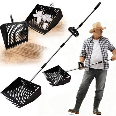 Imagem de Pá de cocô de galinha e ancinho 2 em 1, pá de metal areia de 25 cm com alça ajustável de aço inoxidável de 89 a 157 cm, ferramentas de limpeza de pá de peneiramento de areia para galinheiros, fazenda