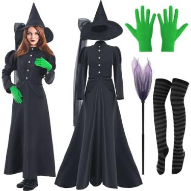 Imagem de Yearntown Conjunto de vestido feminino de bruxa de bruxa com chapéu, vassoura, listrado, luvas de elastano para festa cosplay (G)