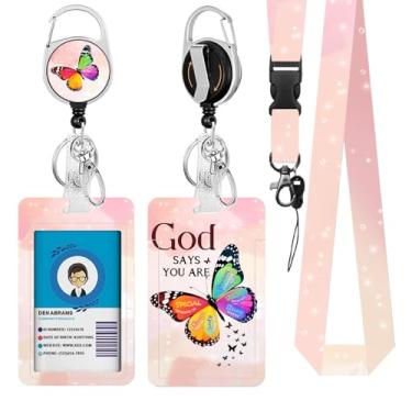 Imagem de Cordão cristão borboleta crachá de identificação, God Say You are ID Badge Holder com clipe retrátil e chaveiro, capa de crachá de identidade vertical com etiqueta de nome para aluno, professor